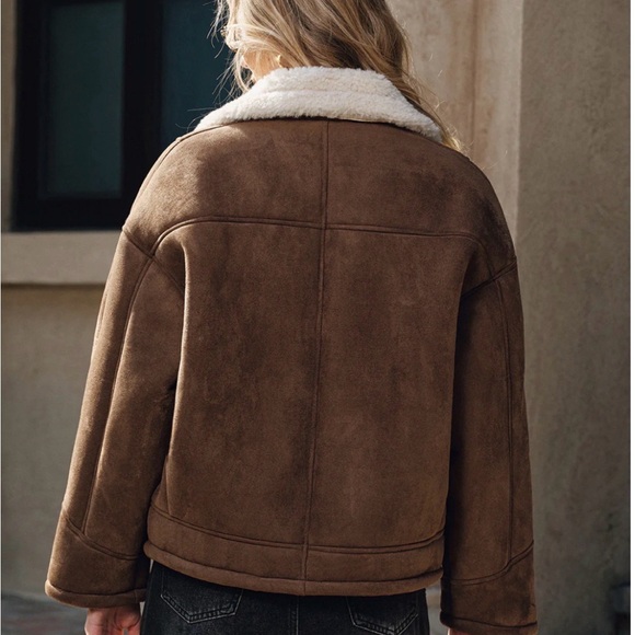 Commense Fleece Lined Lapel Coat Jacket Suede Sherpa Brown White Collar Size M - Picture 3 of 7